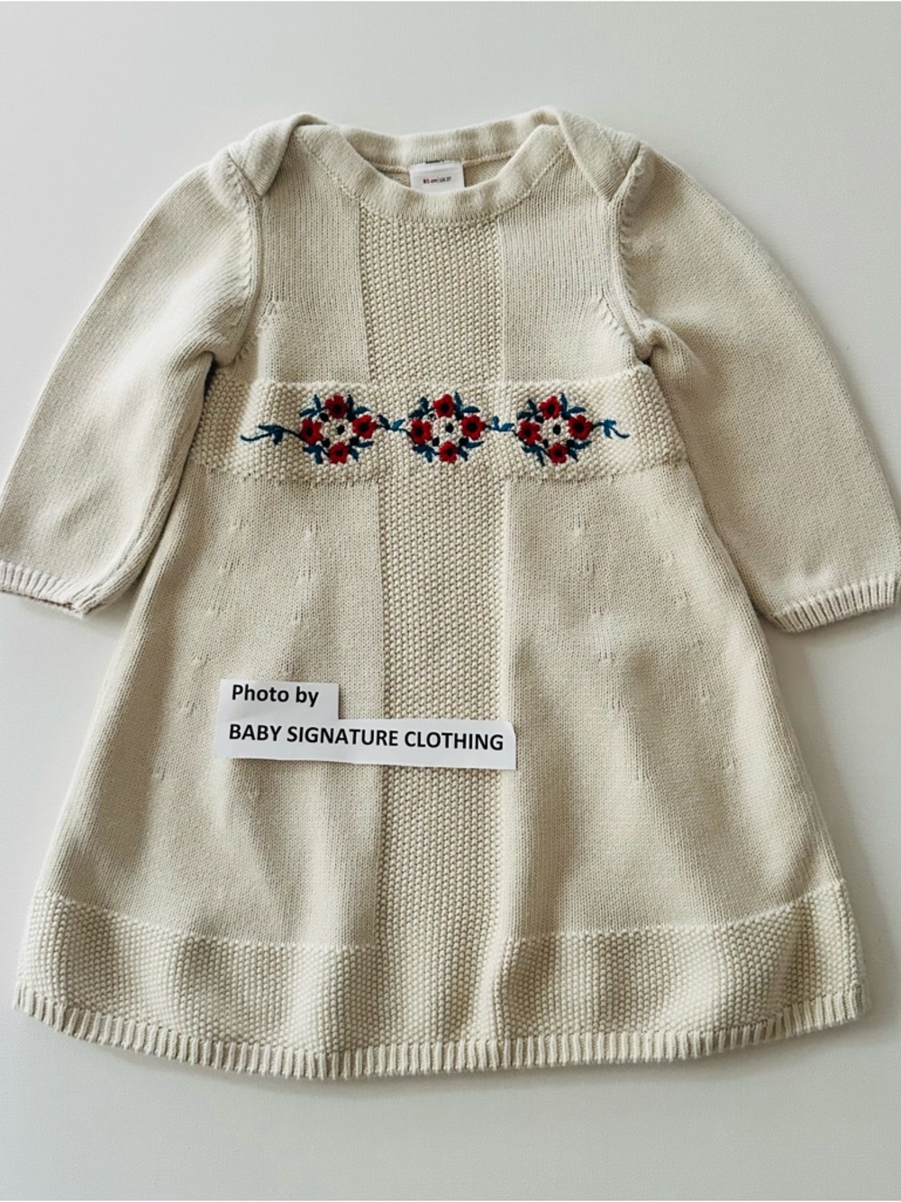 Hanna Andersson 85 Toddler Girl 2T Cream Knit Dress Red Floral Embroidery